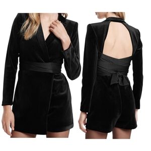 Express Black Velvet Padded Shoulder Wrap Belt Open Back Blazer Short Romper 4